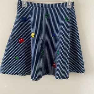 Vintage Denim Pac-Man skirt with various patches